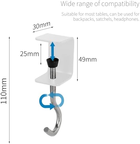 Desk Mount Bag Holder Hook Clamp-On Backpack Hanger Portable Headphones Holder, Reduce Desk Clutter, White (Pack of 2) - Image 3