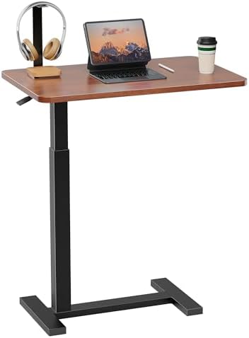 Simple Deluxe Adjustable Overbed Bedside Table with Wheels, Pneumatic Adjustable Hospital & Home Use Bed Table, Rolling Laptop Table, Mobile Standing Desk, Brown by SimpleDeluxe