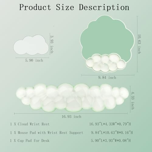 Gel Cloud Wrist Rest Keyboard Clear Green Mouse Pad with Wrist Rest Set 3PCS Ergonomic Cool Keyboard Wrist Pad Cute Acrylic Coaster Non-Slip Base Cute Transparent Mouse Wrist Pad Support for Computer - Image 2