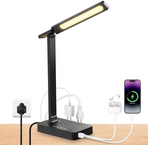 LED Desk Lamp with Power Strip: Table Lamp with Charging Station - 2 Outlets 1 USB-A Ports 1 Type-C Ports, Surge Protection, 5 Color Modes 5 Brightness for Home Office, College Dorm Room Essentials by LAOPAOInc-TheUSA