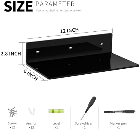 12 Inches Black Wall Shelves Set of 4, Acrylic Floating Shelf for Wall, Wall Mounted Display Shelf for Bedroom, Living Room, Funko Pop Shelves, Smart Speaker, 4 Pack - Image 3
