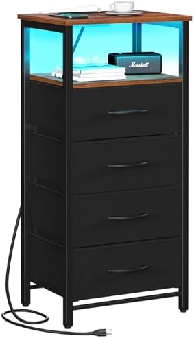 Yoobure Night Stand - LED Nightstand with Charging Station, Tall Nightstand for Bedroom, Bedside Table with 4 Fabric Storage Drawers and Storage Shelf, End Table with USB Ports and Outlets by Yoobure