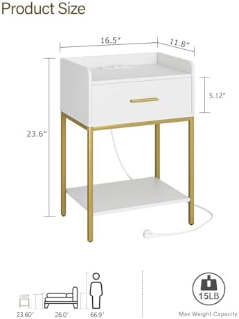 Masupu Nightstand with Charging Station,3-Tier Modern Bedside Night Stand with Storage Drawer and Shelf,Small End Side Table for Bedroom,Living Room,White - Image 2