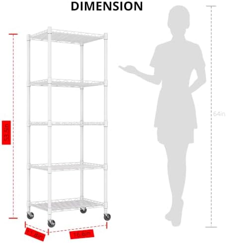 REGILLER 5-Wire Shelving Metal Storage Rack Adjustable Shelves,Standing Storage Shelf Units for Laundry Bathroom Kitchen Pantry Closet(White,11.8" D x 16.6" W x 53.5" H,With Wheels) - Image 3