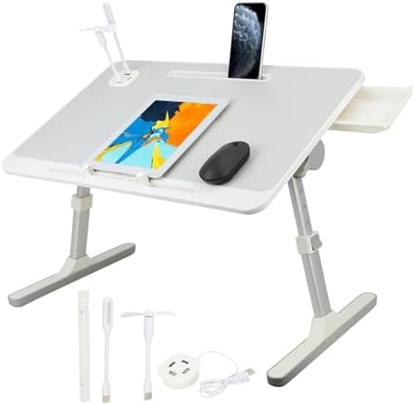 Laptop Desk Foldable Bed, Table Folding Breakfast Tray, Adjustable Laptop Bed Table with Heights and Angles, Foldable Table with Storage Drawer Eating, Working, Writing, Gaming, Drawing Grey by PERZOE
