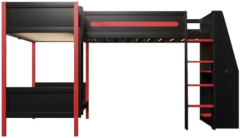 Merax L-Shaped Twin Size Triple Bunk Bed for 3 People, Wood Gaming Loft Bed with Built-in Desk, Shelves, Lights and Full-Length Guardrails, Black+Red - Image 5