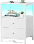 BOLUO White Nightstand with Charging Station, LED Night Stand with 2 Fabric Drawers, Bedside Table with USB Ports and Outlets, Nightstand for Bedroom Modern by BOLUO