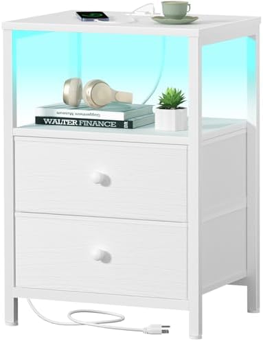 BOLUO White Nightstand with Charging Station, LED Night Stand with 2 Fabric Drawers, Bedside Table with USB Ports and Outlets, Nightstand for Bedroom Modern by BOLUO