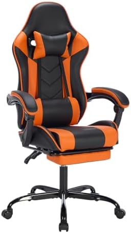 Gaming Desk Chair for Adults, Ergonomic Gaming Chair (Black+Orange) | with Footrest & Headrest and Lumbar Support, Leather Material Height Adjustable computer Video Game Chairs by Majnesvon