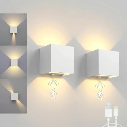 2 Pack Motion Sensor Wall Sconces, 12W 6000mAh Rechargeable Indoor LED Wall Lights, 3‑Color Adjustable Magnetic No Drill Mount Wall Lamp for Bedroom Hallway Stairway Closet, White by SURPALIG