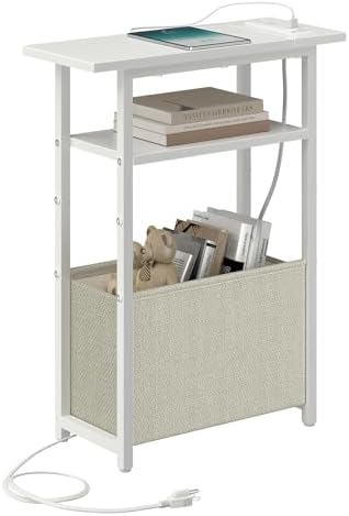 sthmec Narrow Side Table with Charging Station, Small End Table for Small Spaces, Skinny Nightstands with Storage Basket, 3 Tier Sofa Couch Bedside Tables for Living Room,Bedroom, White by Unknown