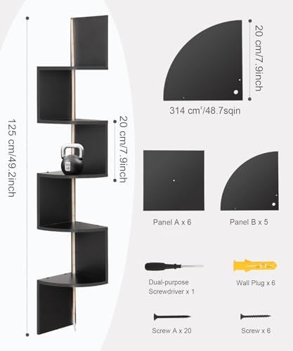 5 Tiers Corner Shelf with RGB LED Lights, 49.2" Wall Mount Floating Corner Display Shelf for Living Room Bedroom Home Office Decor, APP & Remote Control (Black) - Image 6