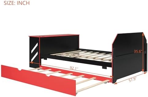 Bellemave Full Size Gaming Bed with Desk and USB,Full Bed with Trundle,Wood Platform Bed with Trundle for Girls Boys,Red - Image 2