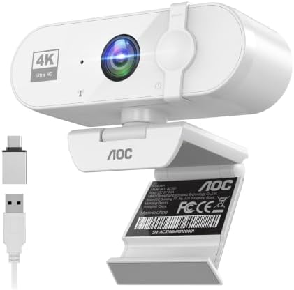 AOC 4K Webcam for PC, Streaming Camera with Noise-Canceling Mic, White by AOC