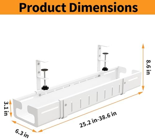 Under Desk Cable Management Tray, Expandable Length 25.2"-38.6",No Drill No Damage to Desk,Cable Tray with Clamp for with Wire Management,for Cord Organizer for Home Office Standing Desk, White - Image 5