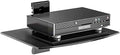 suptek Glass Floating Shelf, 1 Tier Media Shelf for TV Accessories, Flat Black Wall Mount Bracket, 17.6lbs Weight Capacity, Quick Installation, Cable Management, Custom Style, Backless by suptek