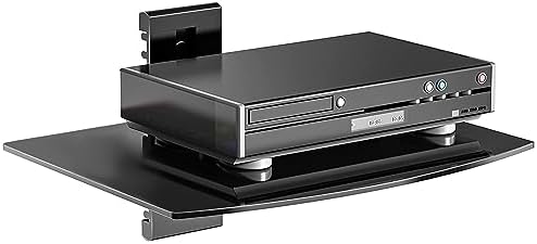 suptek Glass Floating Shelf, 1 Tier Media Shelf for TV Accessories, Flat Black Wall Mount Bracket, 17.6lbs Weight Capacity, Quick Installation, Cable Management, Custom Style, Backless by suptek