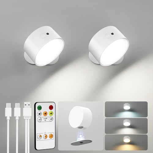 LED Wall Mounted Lights, Rechargeable Wall Sconces, 3 Color Temps, Remote & Touch, 360° Rotating and Dimmable for Bedroom, Bedside & Reading (White, 2 Pack) by AMETHEUS