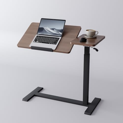 Adjustable Overbed Bedside Table with Wheels Pneumatic Mobile Standing Laptop Desk Rolling Computer Cart Movable Couch Desk Hospital Home Use, Walnut by Unknown