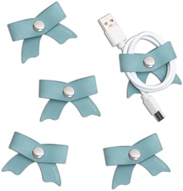 SenseAGE 5 Pack Cord Organizer, Bow Cord Keeper, Cable Organizer USB holder, Leather Cable Management, Cable Straps, Earphone winder, Storage Straps for Electronics, Earbuds (Baby Blue, Small) by SenseAGE