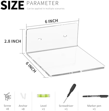 6 Inches Clear Small Wall Shelves, Acrylic Floating Shelf for Small Space, Acrylic Display Ledges for Funko Pop Figures, Home Décor, Plants, Smart Speaker, Digital Clock, 4 Pack - Image 3