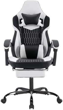 Gaming Desk Chair for Adults, Ergonomic Gaming Chair (Black+White-1) | with Footrest & Headrest and Lumbar Support, Leather Material Height Adjustable computer Video Game Chairs by Majnesvon