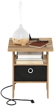 Furinno Andrey USB and Type-C Port Charging Station End Table with Storage Bin, 15.55 (W) x 12.56 (H) x 8.5 (D) inches, Flagstaff Oak/Black - Image 5