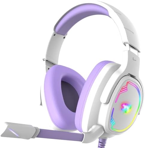 Jimonyer Gaming Headset for PS5 PS4 PC Xbox Series X|S Switch, 7.1 Stereo Surround Sound Over Ear Headphones with Noise Canceling Mic, RGB LED Light, Soft Memory Earmuffs for Gaming or Work, Purple by Jimonyer