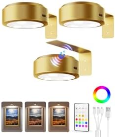 EZVALO Picture Lights for Wall, 2000mAh Rechargeable Battery Magnetic Poster Lights with 3 Color Temps & 12 RGB, Remote Dimmable Timer Painting Light, Wall Decor Light for Art Display, Frame (3 Pack) by EZVALO