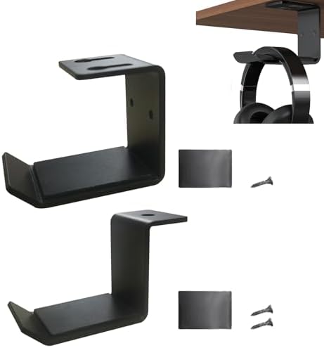 2 Pcs Black Headphone Stand Hanger Holder, Under Desk Aluminum Alloy Headset Stand with Fit for Gaming PC Accessories, Under Clamp Hook Mount Suitable for Controller, Office, Computer by Unknown