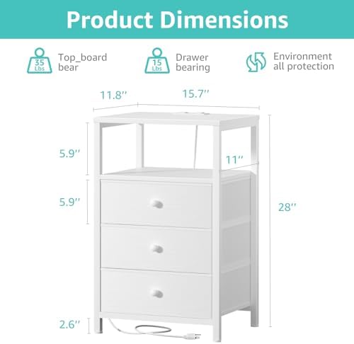 BOLUO White Night Stand with 3 Fabric Drawers, Nightstand with Charging Station LED Nightstand for Bedroom, Bedside Table with USB Ports and Outlets Modern - Image 3