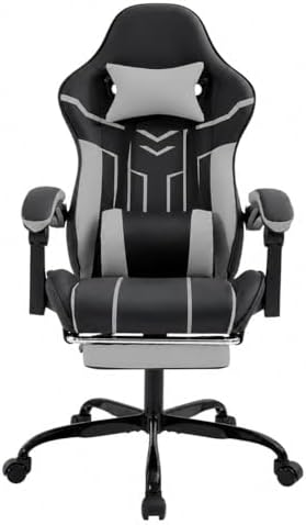 Gaming Desk Chair for Adults, Ergonomic Gaming Chair (Black+Gray) | with Footrest & Headrest and Lumbar Support, Leather Material Height Adjustable computer Video Game Chairs by Majnesvon