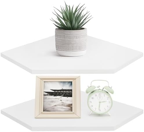 Homode Corner Shelf Wall Mount, Set of 2 Corner Floating Shelves with Cord Hole for Speaker, Cable Box, 2 Tier Wood Hanging Storage Shelf for Bathroom Living Room Bedroom, White by Homode