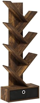 Furinno Tree Book Shelf, 7-Tier Bookshelf, Tree Bookcase with Bin Drawer, 8.4 x 16.9 x 46.2, for Living Room, Bedroom, Home Office, Amber Pine/Black - Image 5