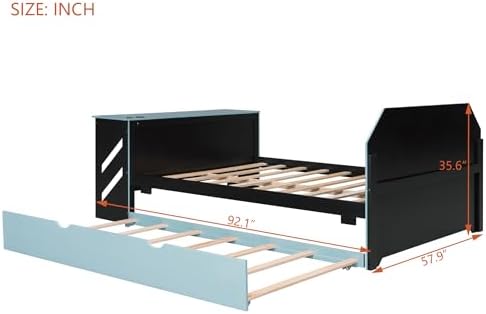 Bellemave Full Size Gaming Bed with Desk and USB and Twin Size Trundle, Wood Gamer Bed, Full Beds with Desk, Black+Cloud Blue - Image 2