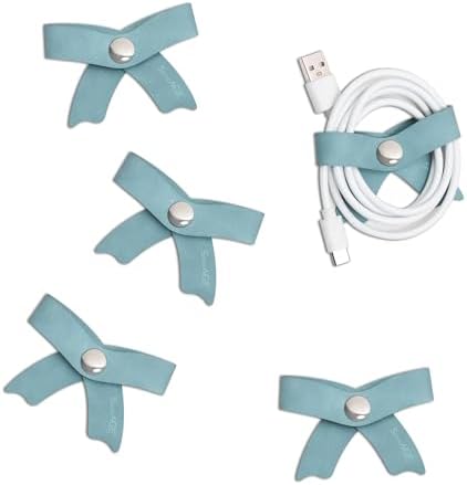 SenseAGE 5 Pack Cord Organizer, Bow Cord Keeper, Cable Organizer USB Holder, Leather Cable Management, Cable Straps, Earphone Winder, Storage Straps for Electronics, Earbuds (Baby Blue, Big) by SenseAGE
