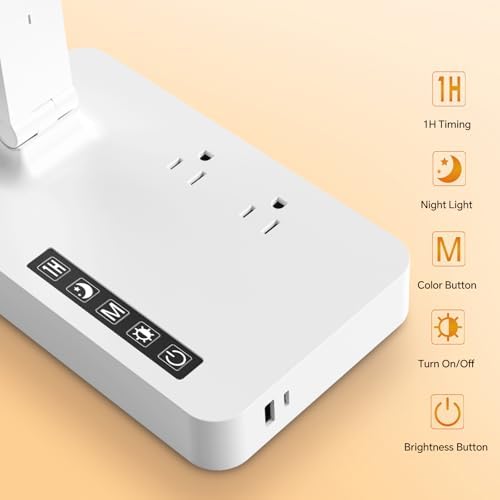 Desk Lamp with USB Charging Port: Table Lamp with Power Strip, Charging Station - 2 Outlets 1 USB-A Ports 1 Type-C Ports, Surge Protection, 5ft Extension Cord, 5 Color Modes 5 Brightness (White) - Image 5