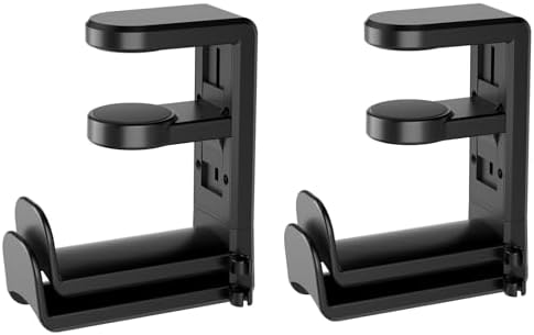 360° Rotating Desk Headphone Hook with Dual Hangers, Clamp-On Under Desk Organizer Holder for Headphones, Bags, Cables – Durable ABS, Fits 0-1.18" Thick Desks, Max Load 44LBS/2Kg,Black by WYYHAA