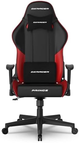 DXRacer Prince Series L Gaming Chair - Reclining, Ergonomic & Comfortable Computer Chair with 2D Armrest, Wing-Shaped Seat Base & Headrest Pillow Faux Leather (Faux Leather, Black & Red) by DXRacer
