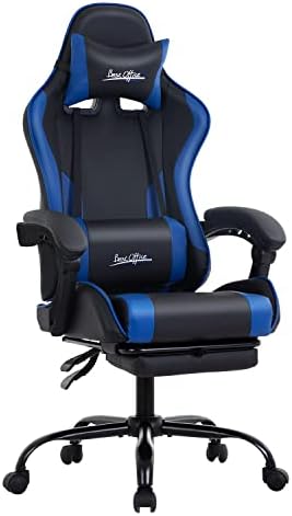 Gaming Chair Office Chair Desk Chair with Footrest Lumbar Support Headrest Armrest Task Rolling Swivel Ergonomic E-Sports Adjustable PC Gamer Chair (Blue) by BestOffice