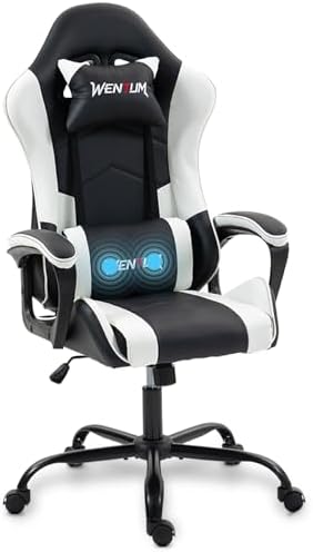 Gaming Chair PU Leather Massage PC Video Game Chair with Lumbar Support for Men Women, Home Office, Height Adjustable, Ergonomic, High Back, White by WENTUM