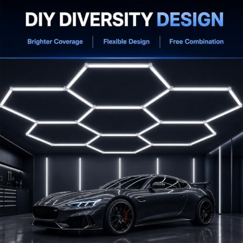 Hexagon LED Garage Light, 64500LM Ultra Bright 14-Hexagon 58-Tube Honeycomb Ceiling Lights, 6000K Daylight for Garage Gym, Car Detailing, Workshop, Warehouse & Auto Studio, DIY Hex Lights - Image 7