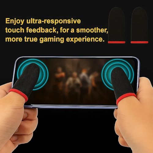20 Pcs Gaming Finger Sleeves - Perfect Touchscreen Glide - Thumb Sleeve for Mobile Games - Finger Glove Covers - Anti-Sweat, Extremely Thin, Red Edge - Size 1.5 x 0.7 in - Image 2