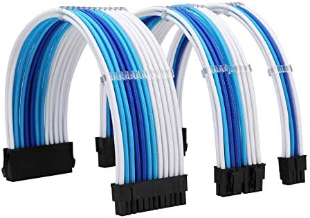 Formulamod PSU Cable Extension Kit 18AWG Sleeved, 24 Pin ATX + 8 Pin EPS + Dual 8 Pin PCI-E, Custom PC Cable Extensions with Combs for Clean Cable Management & Gaming PC Build (White Sky Blue Blue) by Formulamod
