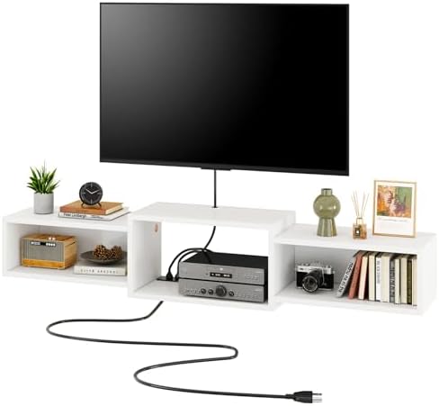 IBUYKE Floating TV Stand Wall Mounted with Power Outlet,Modern Wood Wall Mounted Media Console Shelf,Floating Entertainment Center for Under TV Storage for Living Room Bedroom Office,White WST001W by IBUYKE