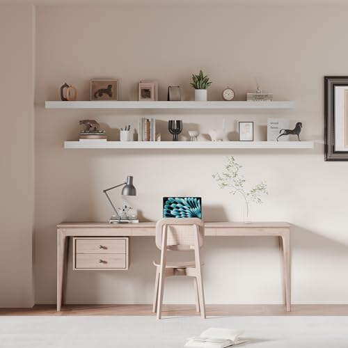 72 inch Long Floating Shelves for Wall,Solid Wood Long Shelves Set of 2,White Wooden Wall Mounted Shelf,Bookshelf Bathroom Shelves (White, 72 Inch) by ONOTETUT