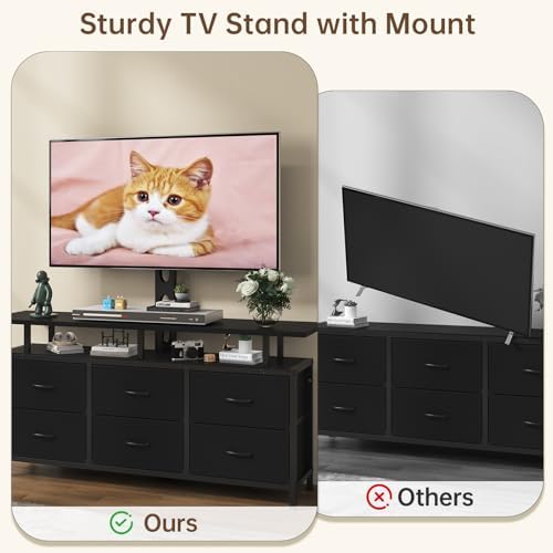 Black TV Stand with Mount for 32/45/55/60/65/75 inch TVs, Entertainment Center with 6 Fabric Drawers & Open Shelf, TV Media Console for Living Room, Bedroom - Image 5