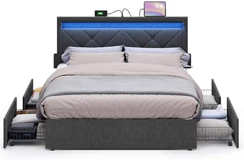 VASAGLE Full Bed Frame, 4 Storage Drawers on Wheels, Charging Station by Unknown
