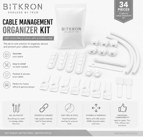 Cable Management Kit for Desk, 34-Piece, Black, Magnetic Organizer, Silicone Clips, Velcro Straps, Sleeve Wrap, Adhesive Cord Holders Office, Home & Gaming Setup WHITE (white) - Image 2