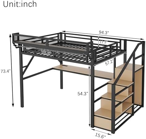 KEIKI Full Size Metal Loft Bed Frame with Desk, Staircase, Built-in Storage Shelves and Wardrobe, Modern Loft Bed with Solid Slats, Guardrail, No Box Spring Required, Easy Assembly, for Bedroom, Black - Image 2